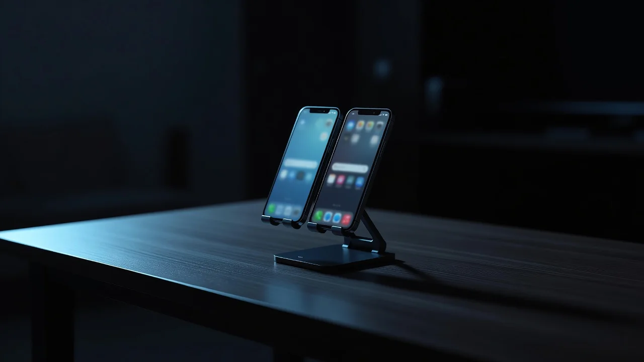 Smartphone moderno sobre mesa de madeira com luz ambiente azul