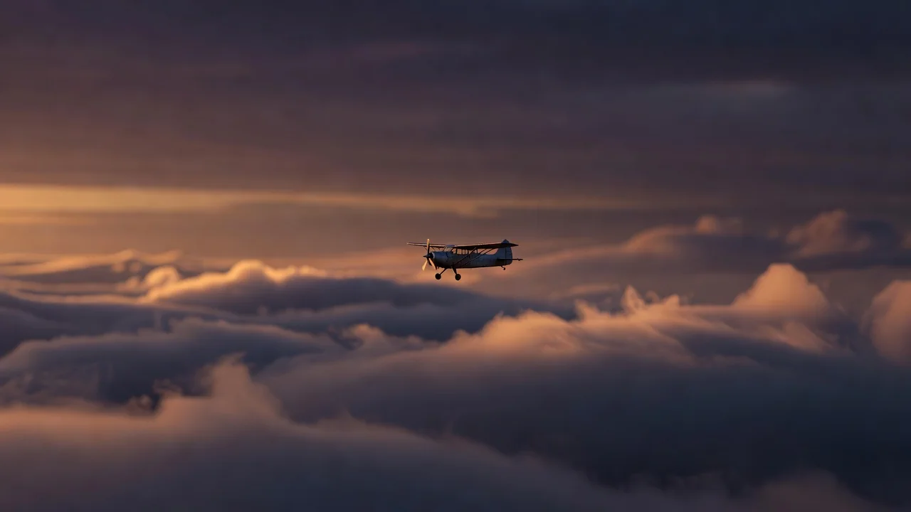 Avião pequeno de hélice voando em céu alaranjado de fim de tarde