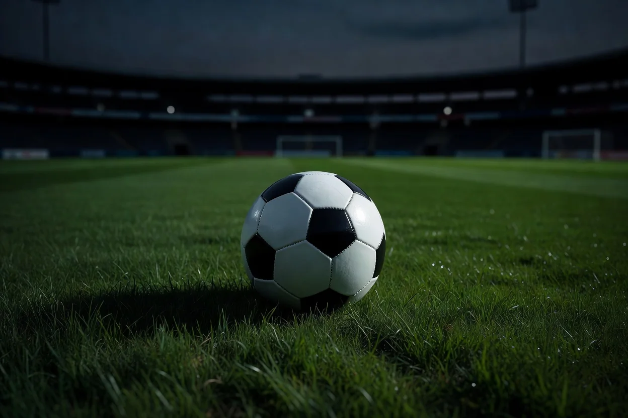 Bola de futebol em grama iluminada por refletores à noite