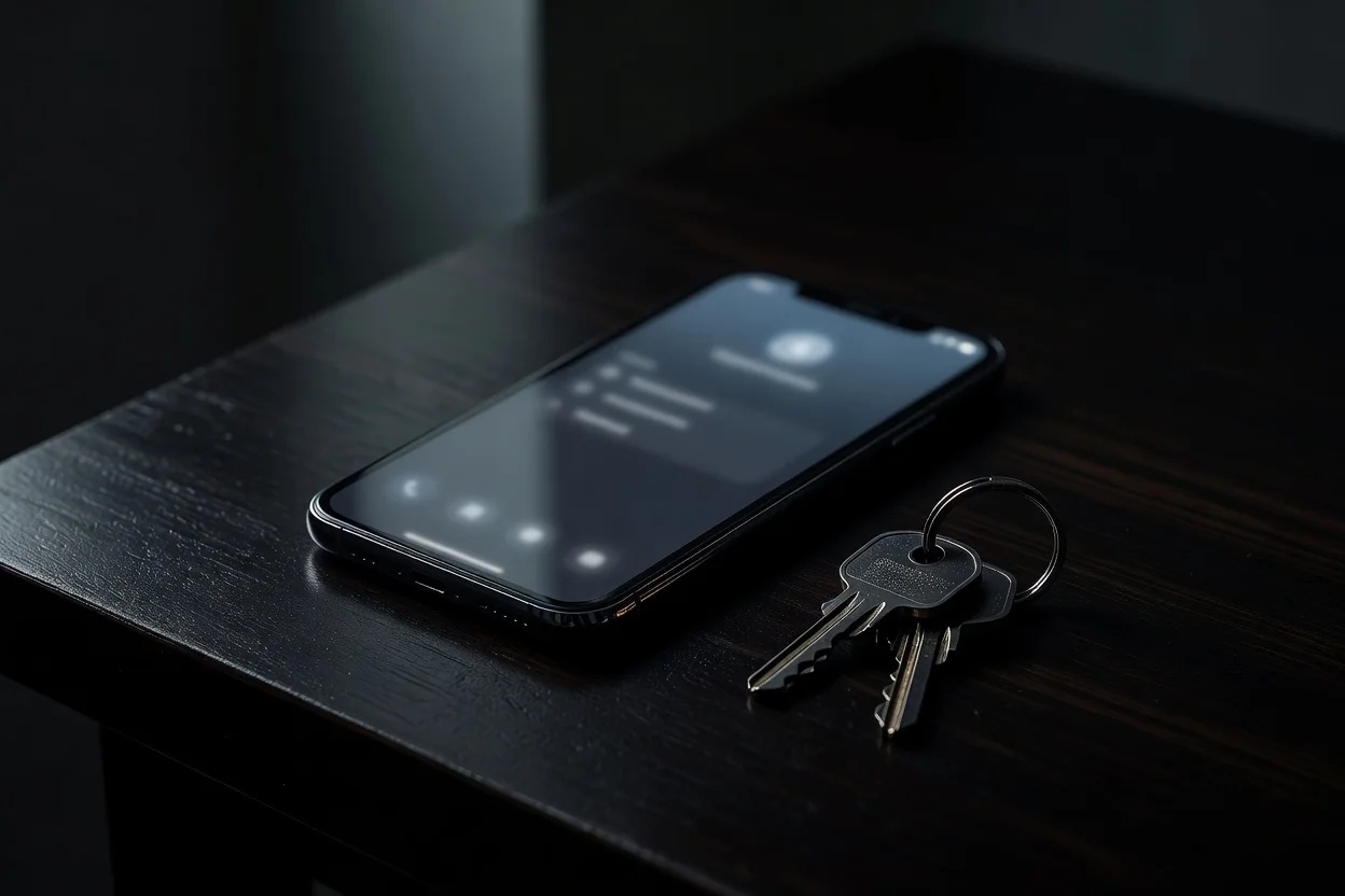 Tela de smartphone com formulário de login sobre mesa escura