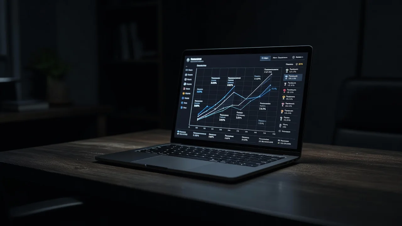 Tela de notebook com gráfico de partida ao vivo em quarto escuro
