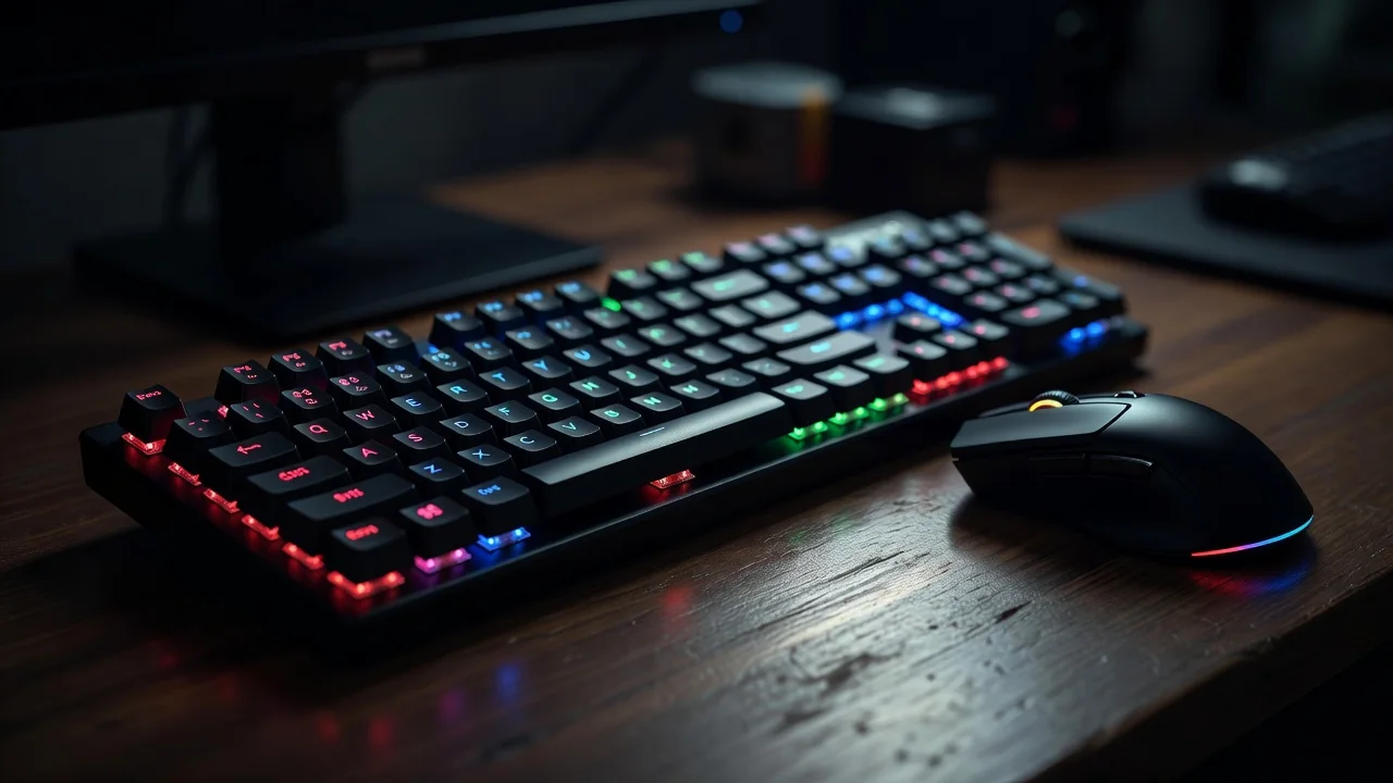Teclado mecânico iluminado em RGB em mesa gamer escura