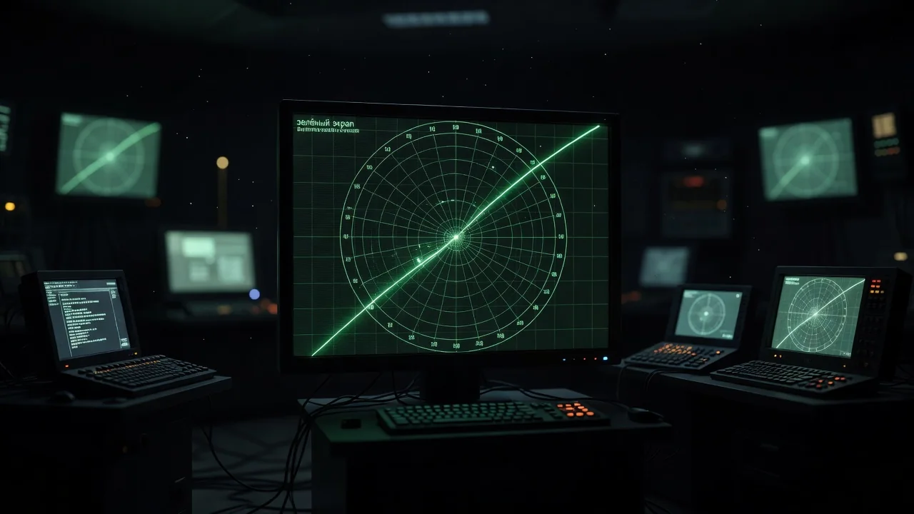 Radar verde brilhando em sala escura com monitores