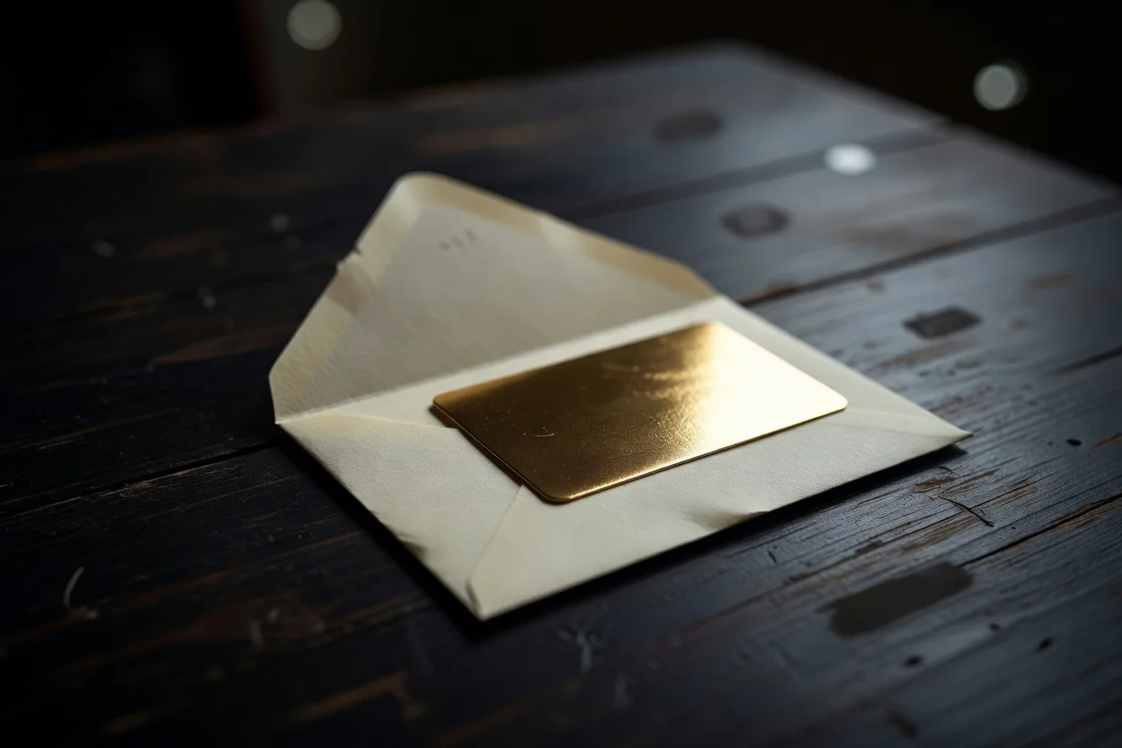 Envelope aberto com cartão dourado sobre mesa escura