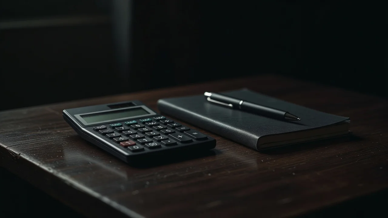 Calculadora, caderno de anotações e caneta sobre mesa escura
