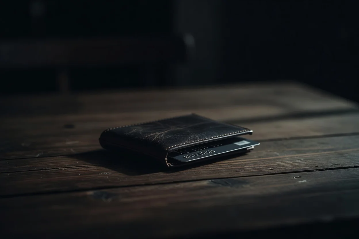 Cartão bancário e celular sobre carteira de couro escura