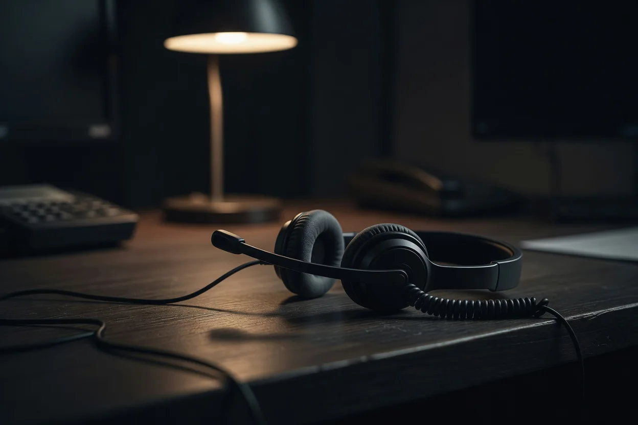Fone de ouvido com microfone sobre mesa com luz suave