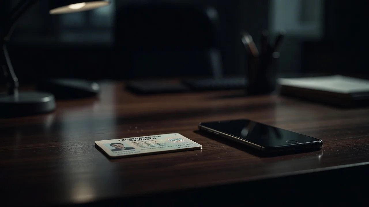 Documento de identidade e celular sobre mesa de escritório