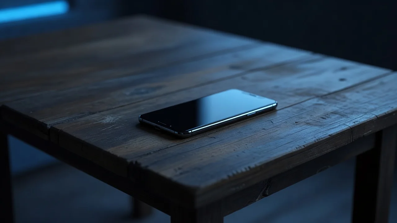 1win app: como baixar no Android e iOS em 2026 Smartphone moderno sobre mesa de madeira com luz ambiente azul