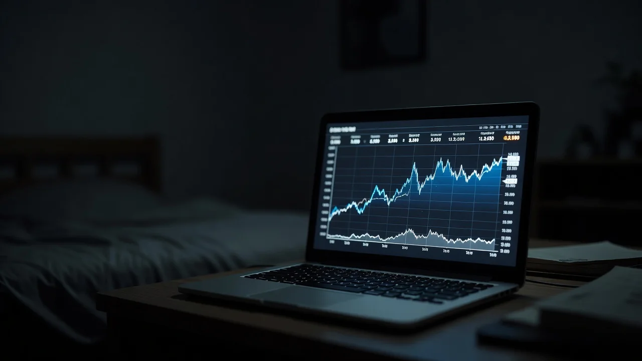 Apostas ao vivo no 1win: timing, mercados e cash out Tela de notebook com gráfico de partida ao vivo em quarto escuro