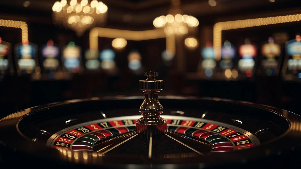 Cassino ao vivo no 1win: roleta e blackjack com dealer real Roleta de cassino em close com luzes douradas ao fundo