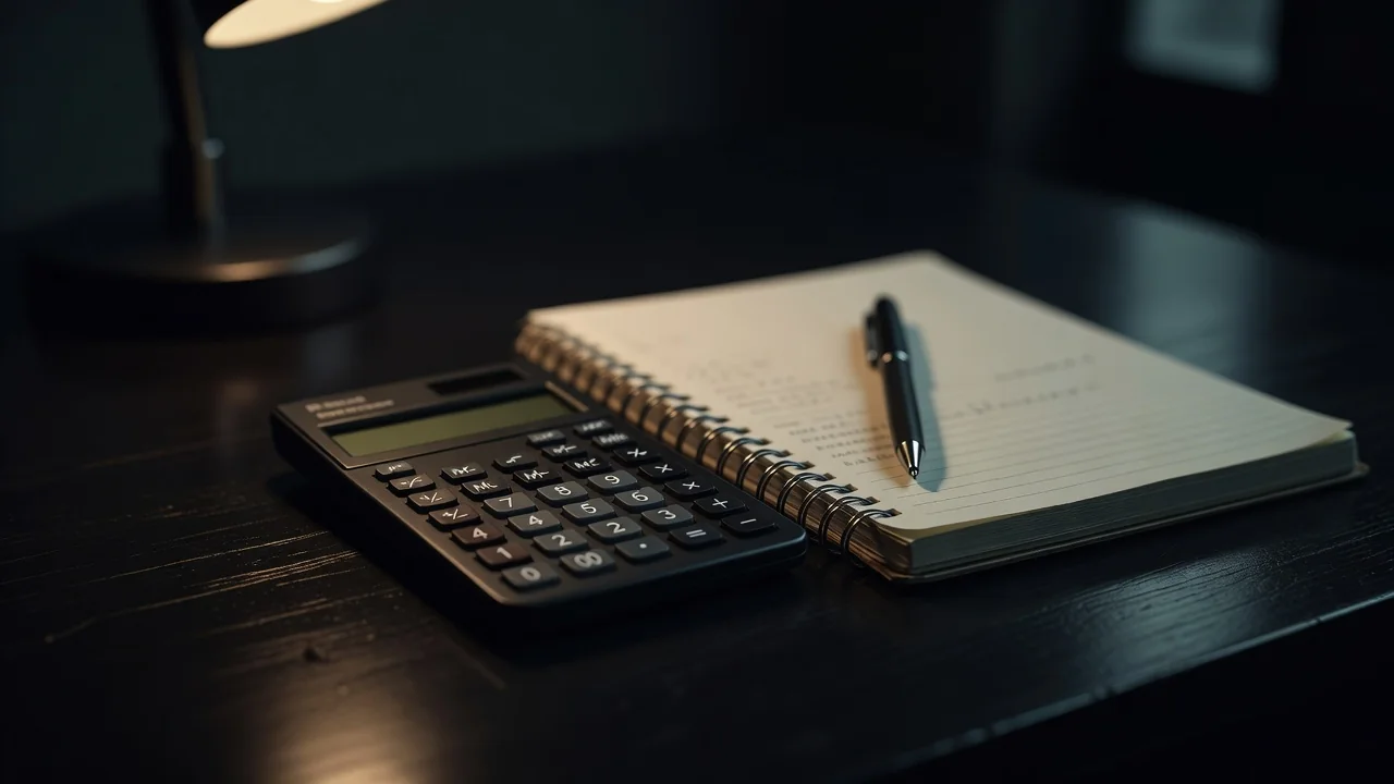 Gestão de banca: as regras que protegem seu dinheiro Calculadora, caderno de anotações e caneta sobre mesa escura